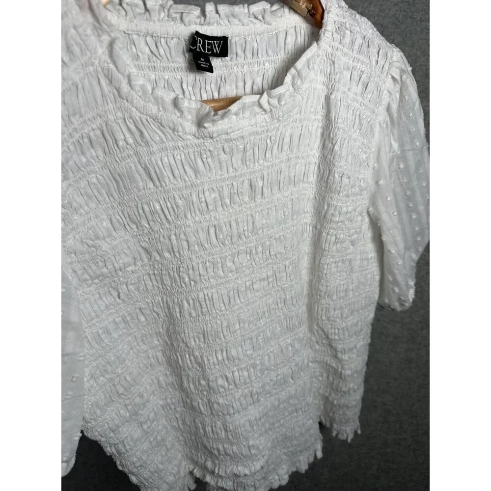 J. Crew Medium Womens Top White Crinkle Stretch Cotton Short Sleeve Boho - Picture 10 of 16